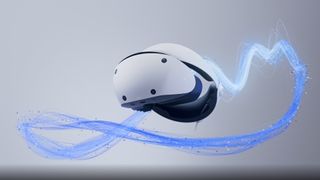 Sony PSVR2 headset with blue tech wave surrounding it.