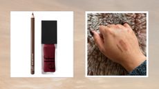 On the left, a product shot of the e.l.f lip combo, which consists of the e.l.f. Cream Glide Lip Liner in Dark Cocoa and e.l.f. Glow Reviver Lip Oil in Jam Session, and on the right, a close up of Digital Beauty Editor, Aleesha Badkar's hand with swatches of both products on the back of her palm/ in a beige and grey sunset-style template