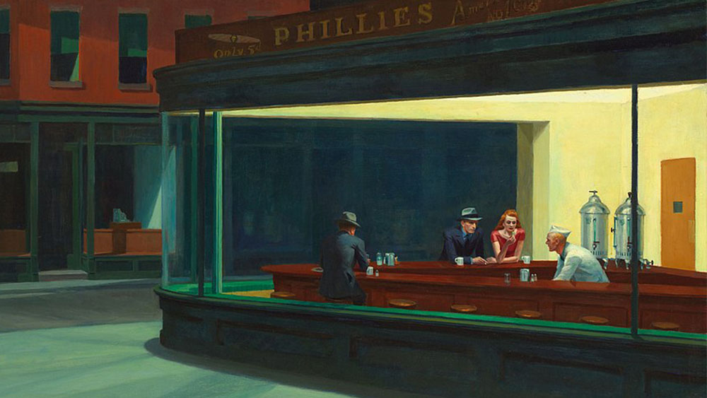 Edward Hopper Nighthawks painting showing people in a bar at night