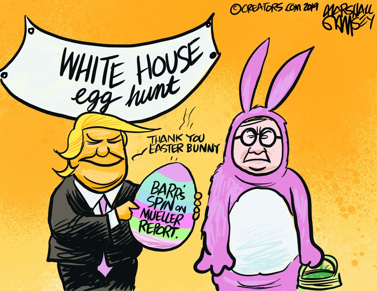 Political Cartoon U.S. Easter Trump Barr spin on Mueller report