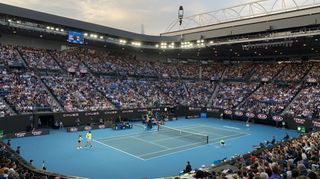 Wide-angle view of the Rod Laver Arena at Melbourne Park, home to the 2023 Australian Open Grand Slam tennis event.