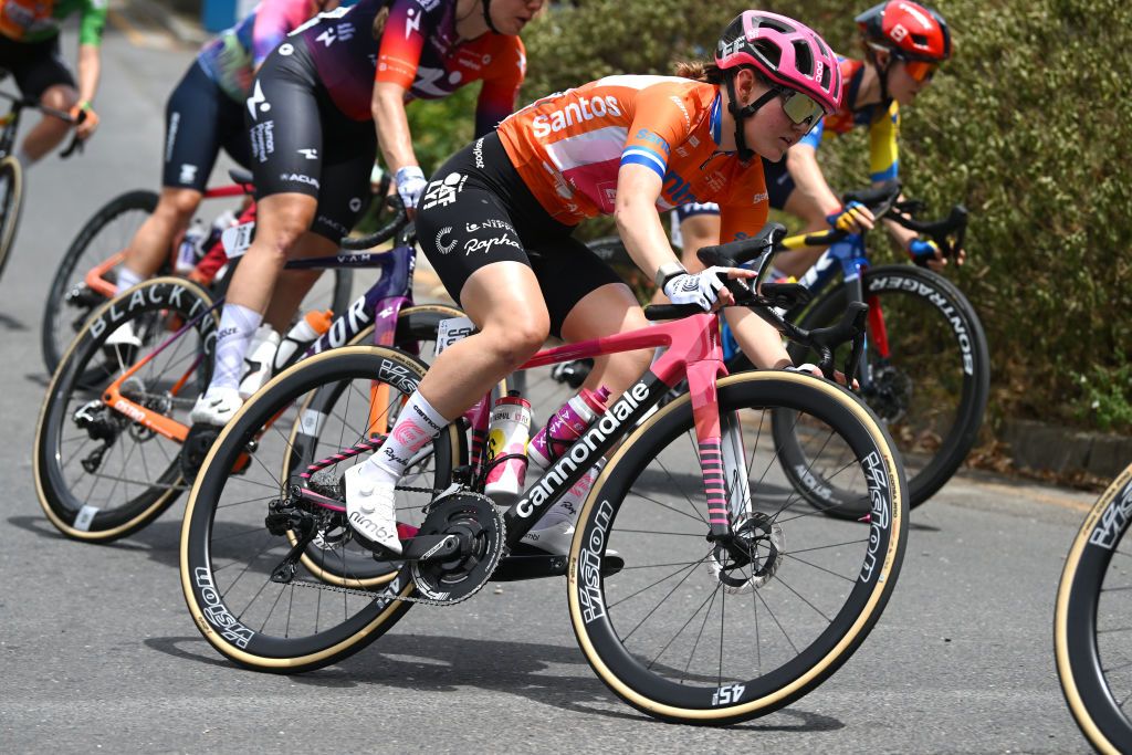STIRLING AUSTRALIA JANUARY 19 Noemi Ruegg of Switzerland and Team EF EducationOatly Orange Santos Leaders Jersey competes during the 9th Santos Womens Tour Down Under 2025 Stage 3 a 1059km stage from Stirling to Stirling 444m UCIWWT on January 19 2025 in Stirling Australia Photo by Dario BelingheriGetty Images