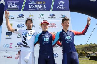 The stage 2 podium of Joe Cooper (Avanti Racing), Brad Evans and Robbie Hucker (Pat's Veg Cycling)