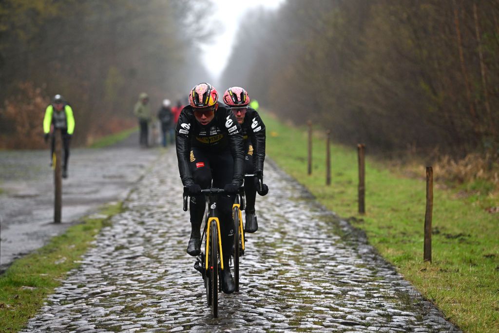 ROUBAIX FRANCE APRIL 06 Wout Van Aert of Belgium and Team JumboVisma during the ParisRoubaix 2023 Training Day 1 UCIWT on April 06 2023 in Roubaix France Photo by Luc ClaessenGetty Images