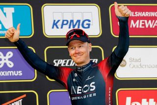 Dylan van Baarle (Ineos Grenadiers) steps onto the podium of the 2022 Tour of Flanders