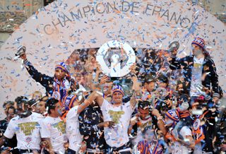 Montpellier players celebrate their Ligue 1 title in May 2012.