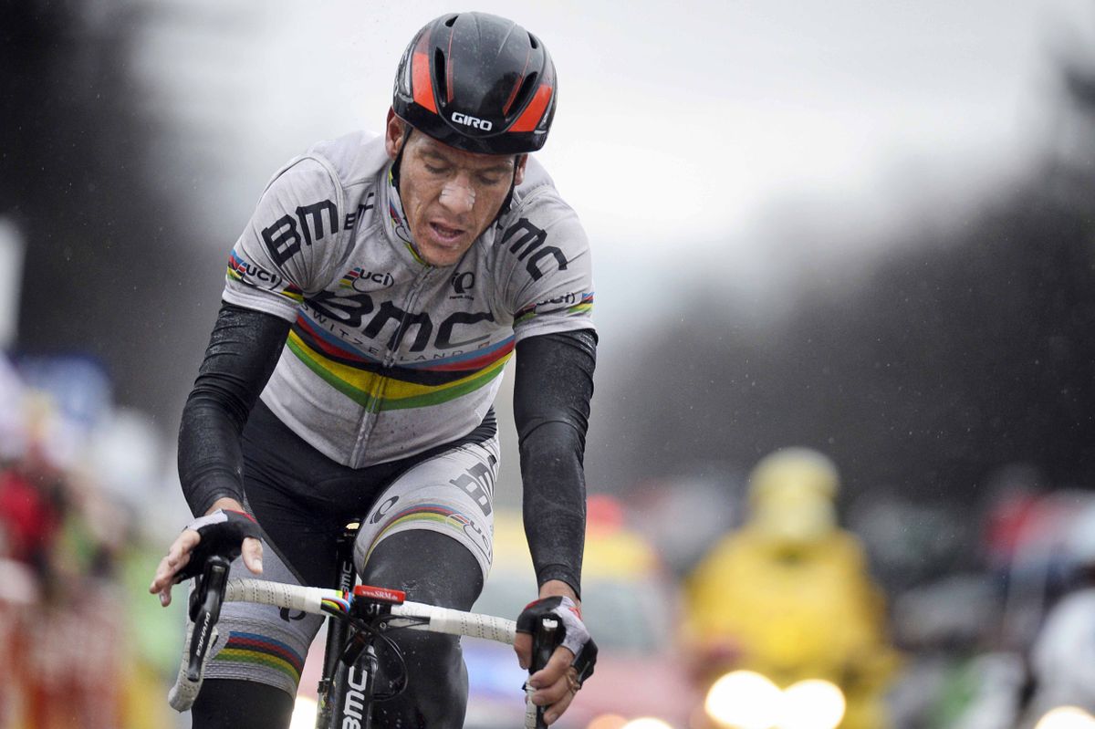 World champion Philippe Gilbert crosses the line in Brioude, Paris-Nice 2013.