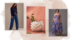 A woman in jeans, next to a white vase and a woman in a frilly dress - all things you can buy Anthropologie - on an abstract background