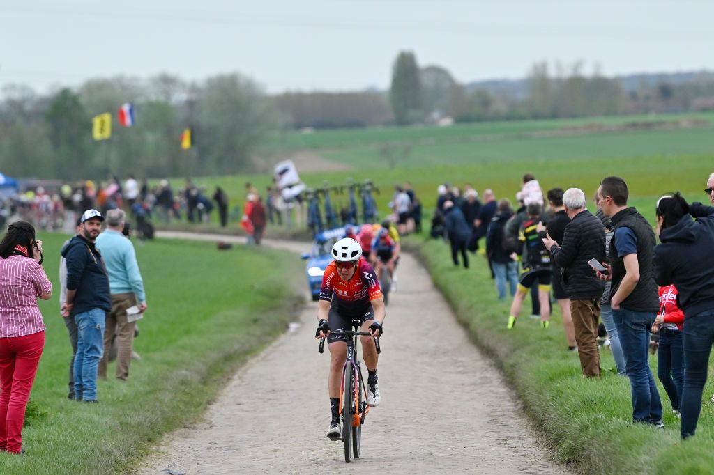 ROUBAIX FRANCE APRIL 06 Romy Kasper of Germany and Team Human Powered Health competes passing through a cobblestones sector during the 4th ParisRoubaix Femmes 2024 a 1485km one day race from Denain to Roubaix on UCIWWT April 06 2024 in Roubaix France Photo by Luc ClaessenGetty Images