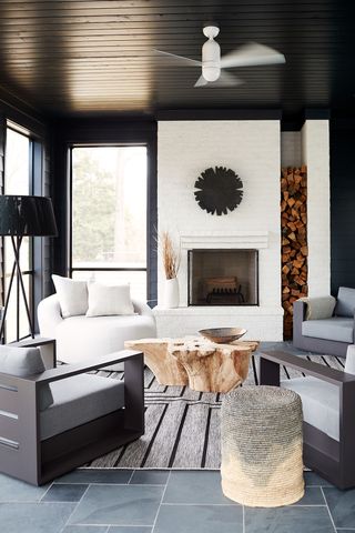 Black and white living room with walls and ceiling painted black