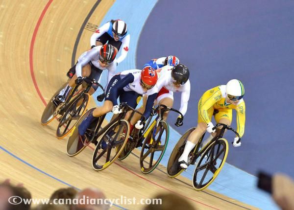 Victoria Pendleton takes the lead with a lap to go in the keirin final