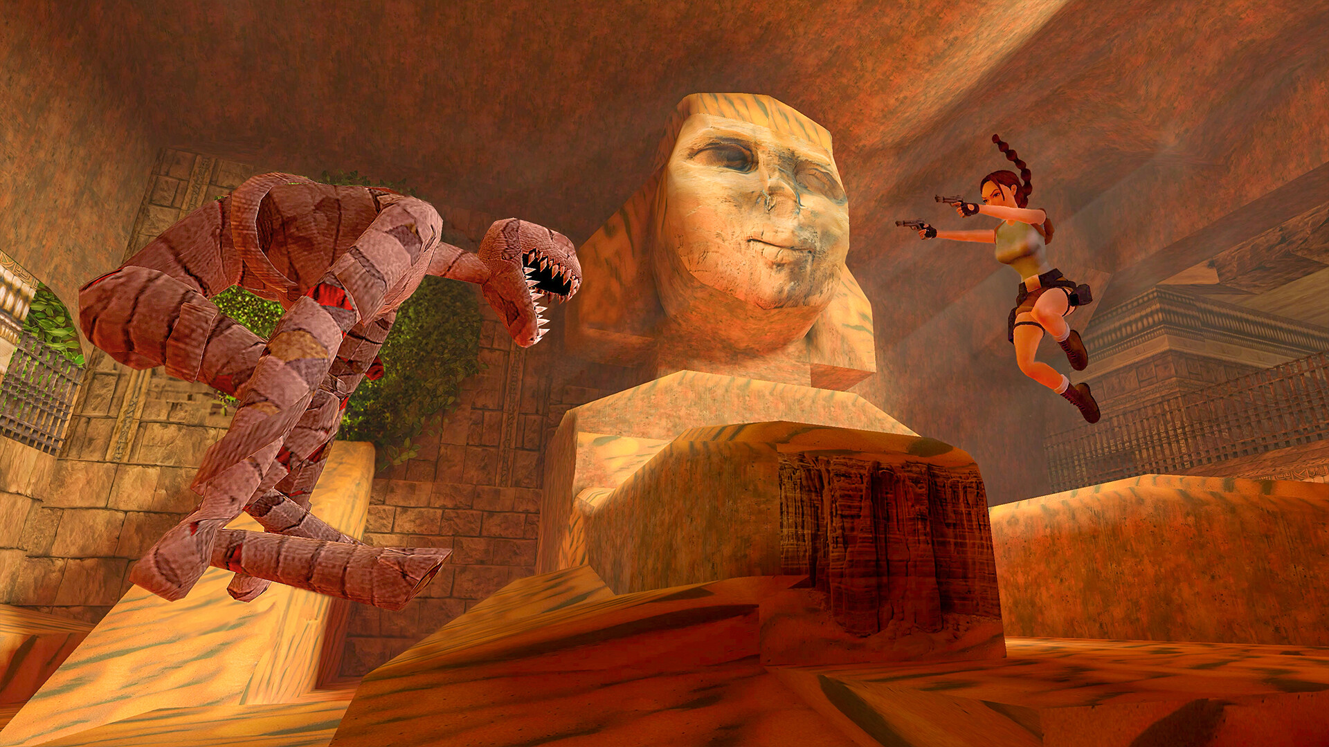 Lara Croft jumping through the air using two pistols 