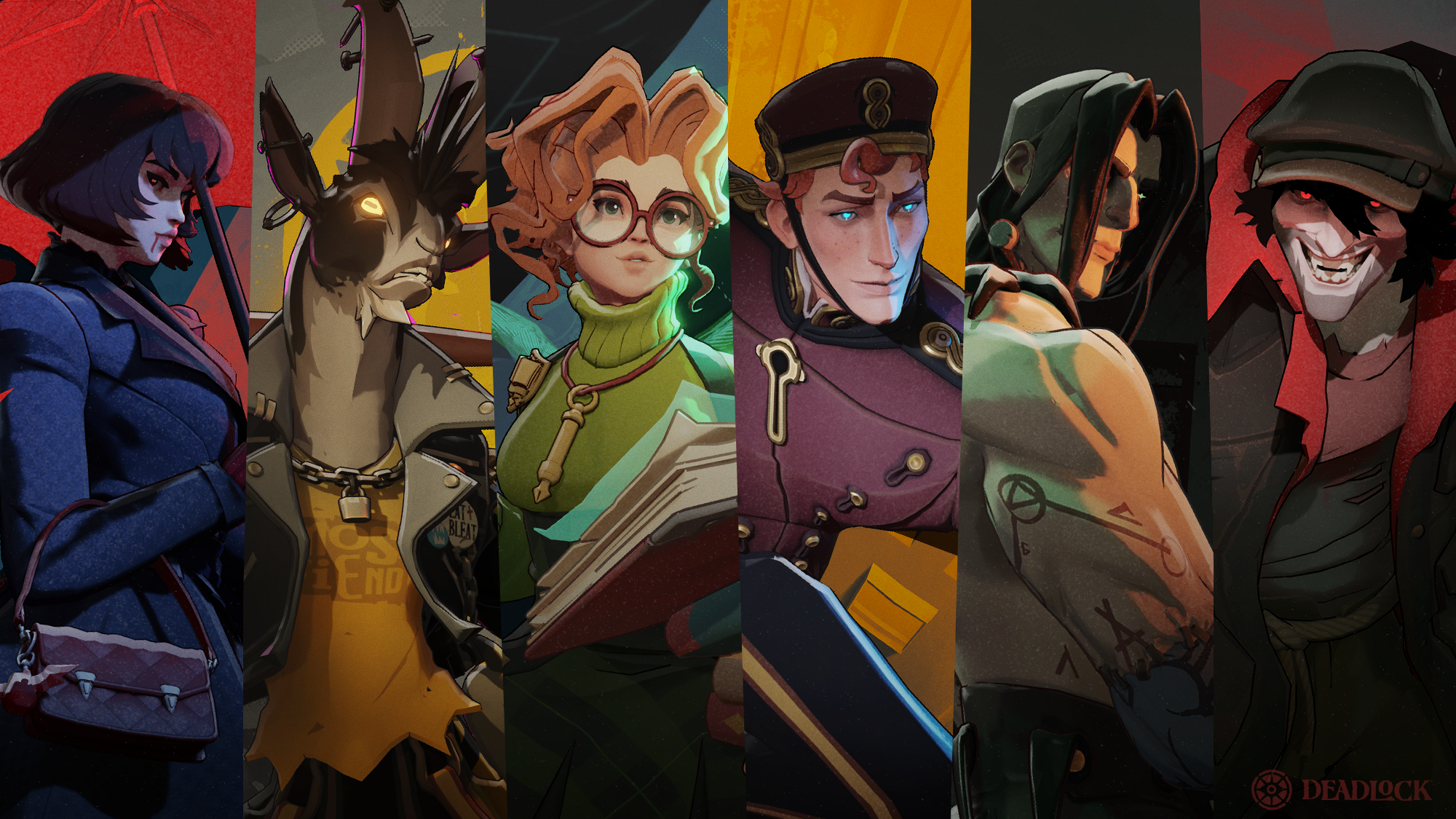 Deadlock's six new heroes: Mina, Billy, Paige, The Doorman, Victor, and Drifter.
