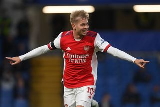 Emile Smith Rowe celebrates after scoring for Arsenal against Chelsea in April 2022.