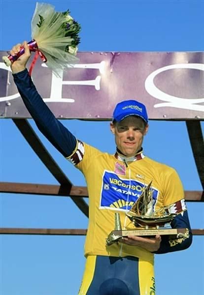 Tour of Qatar overall race winner Wouter Mol (Vacansoliel) on the podium.