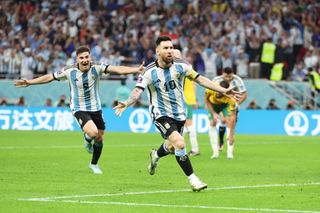 Lionel Messi celebrates after scoring for Argentina against Australia at the 2022 World Cup in Qatar.