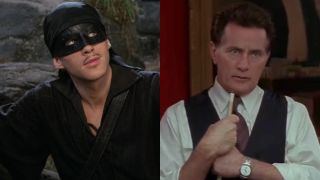 From left to right: Cary Elwes as Westley in a black mask in The Princess Bride and Martin Sheen holding a pool stick in The American President. 