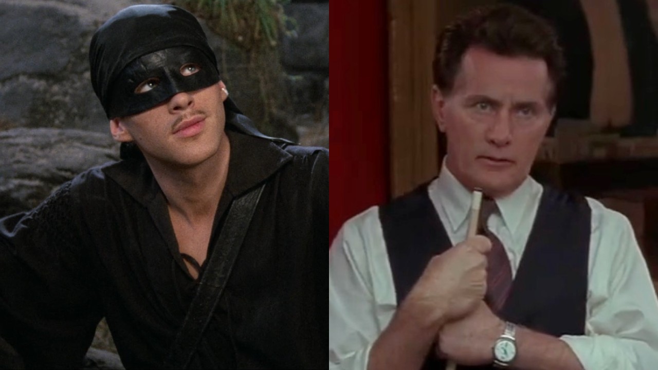 From left to right: Cary Elwes as Westley in a black mask in The Princess Bride and Martin Sheen holding a pool stick in The American President. 
