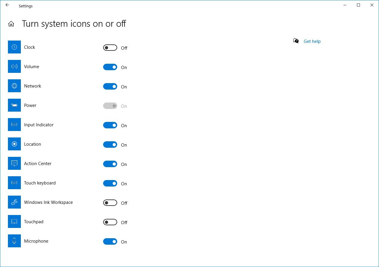 List of system icons on WIndows 10