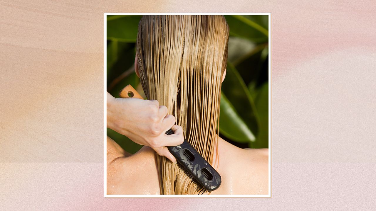 Image showing back view of woman brushing wet hair in a white frame on a pink watercolour-style background