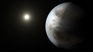 This artist's illustration depicts what the exoplanet Kepler-452b, an Earth-size world orbiting a star like Earth's sun, may appear. NASA's Kepler Space Telescope detected the planet, which appears to be a bigger, older cousin of Earth.