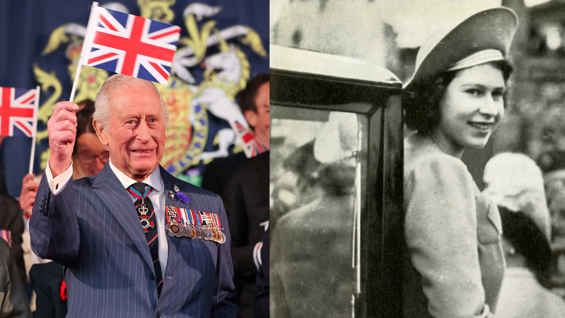 King Charles waving a Union Jack next to a black and white photo of Queen Elizabeth after VE Day in 1945