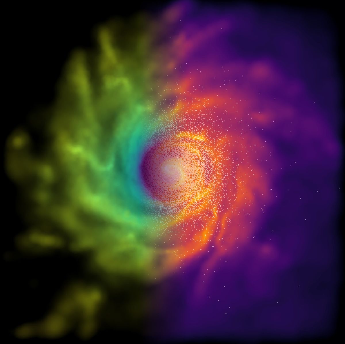 The simulated galaxy visualized from above, with the dark central regions corresponding to standard forces and the bright yellow regions corresponding to modified forces.