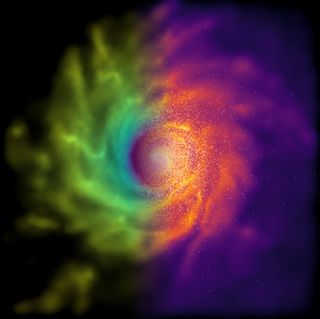 The simulated galaxy visualized from above, with the dark central regions corresponding to standard forces and the bright yellow regions corresponding to modified forces.