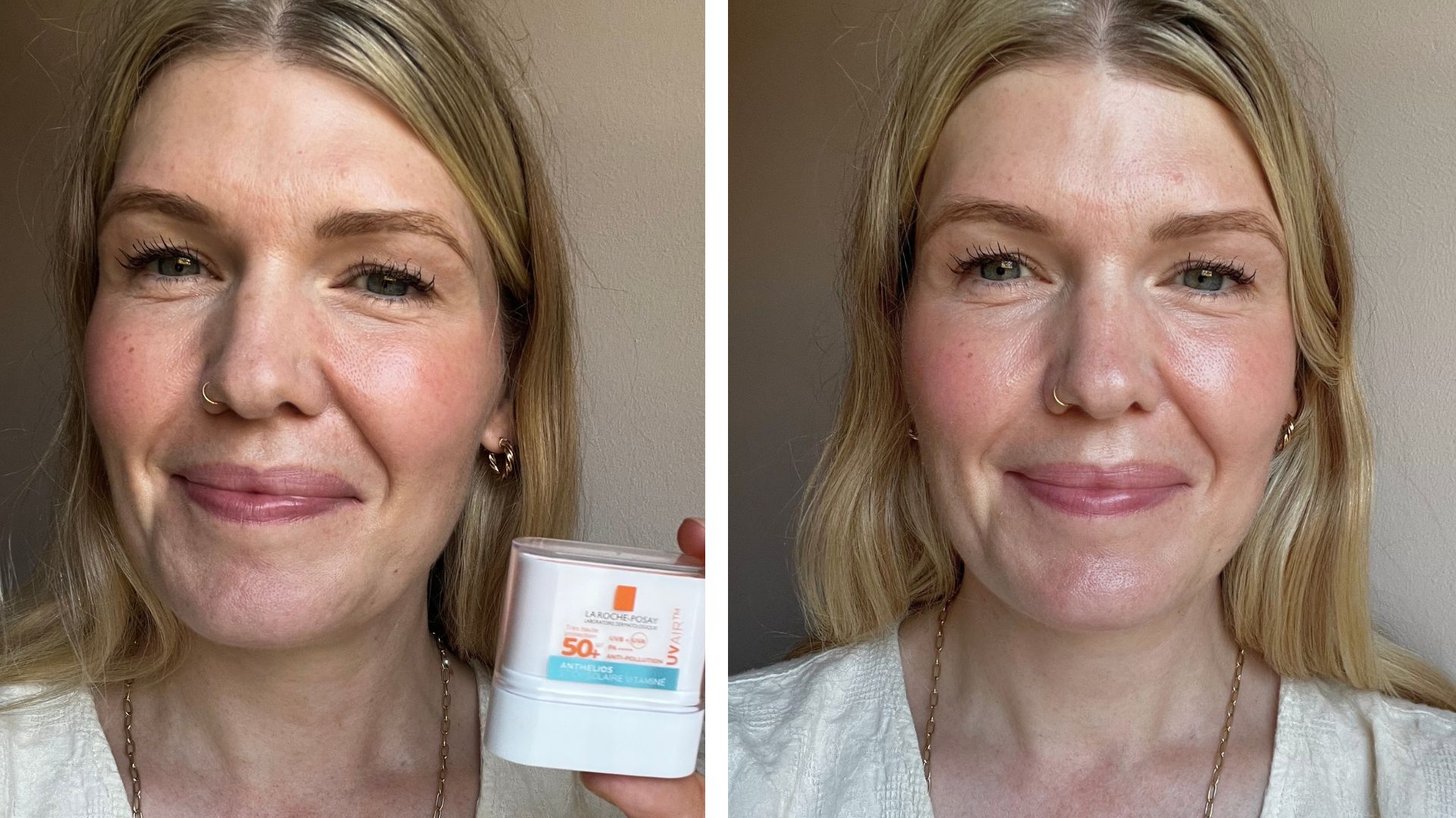 fiona mckim pictured holding la roche posay stick solaire next to an image after applying the stick