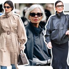 a collage of the funnel neck jacket trend on women at fashion week and Kendall Jenner and Bella Hadid