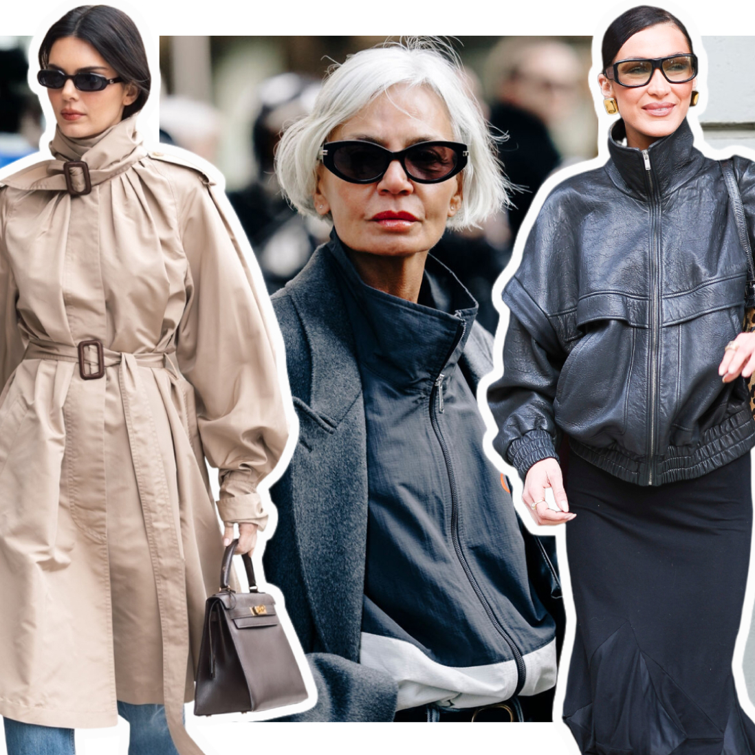 a collage of the funnel neck jacket trend on women at fashion week and Kendall Jenner and Bella Hadid