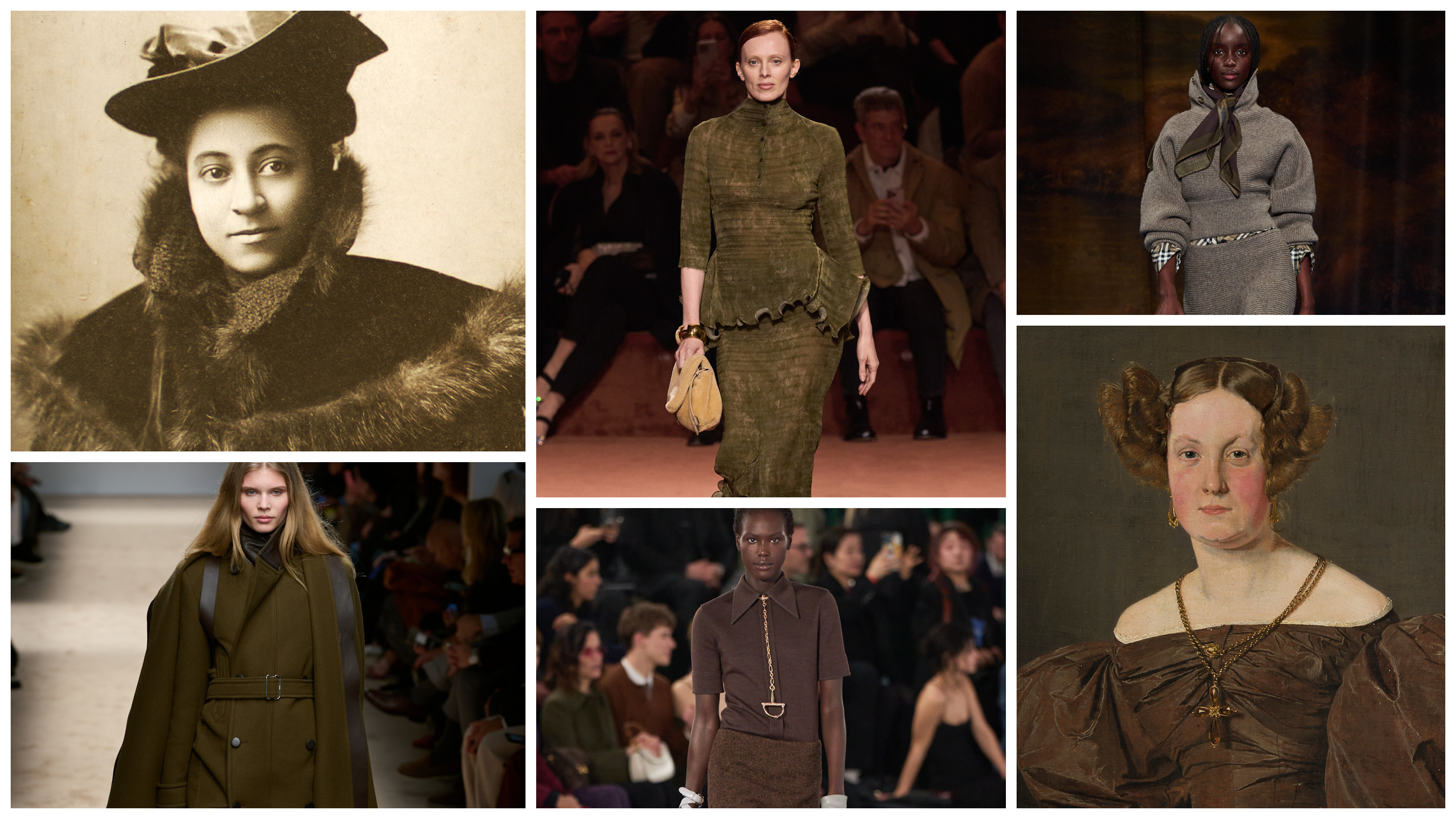 a collage of women wearing earthy tones from fashion history and Fall 2025 shows from Tod's, Fendi, Burberry, and Gucci