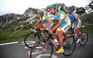 Alberto Contador rides in the Pyrenees with his Astana teammates.