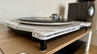 Vertere DG X turntable, in a hi-fi listening room, ready for testing