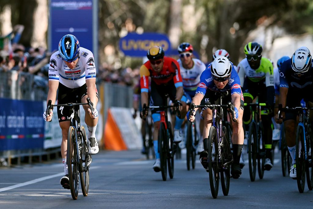 FOLLONICA ITALY MARCH 07 LR Fabio Jakobsen of The Netherlands and Team Soudal QuickStep and Jasper Philipsen of Belgium and Team AlpecinDeceuninck sprint at finish line during the 58th TirrenoAdriatico 2023 Stage 2 a 210km stage from Camaiore to Follonica TirrenoAdriatico on March 07 2023 in Follonica Italy Photo by Tim de WaeleGetty Images