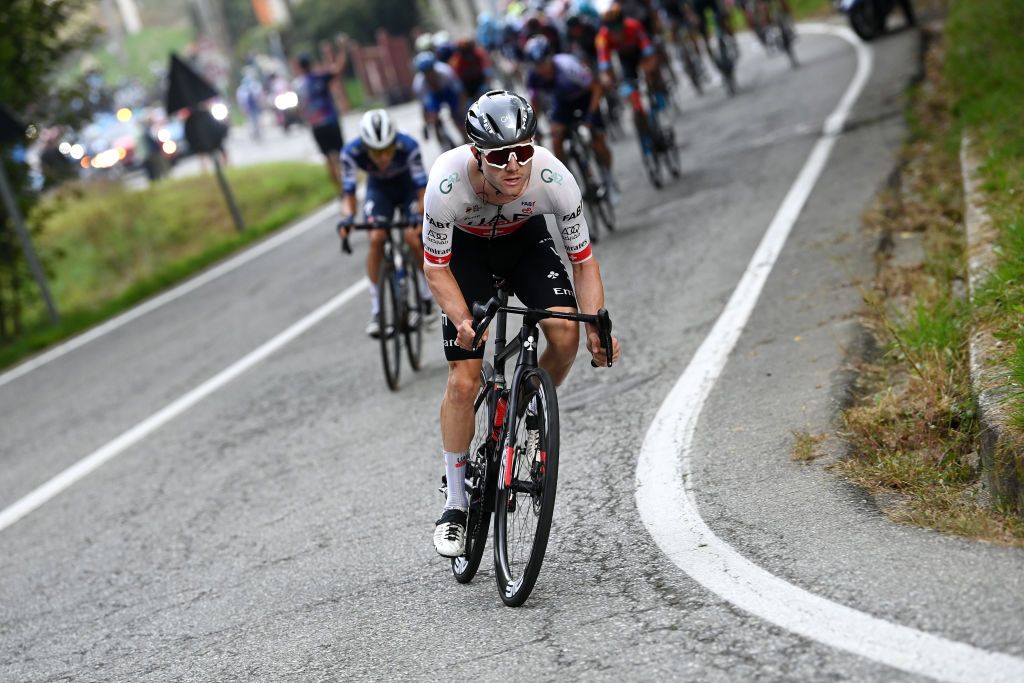 FAVRIA ITALY OCTOBER 05 Marc Hirschi of Switzerland and UAE Team Emirates attacks in the breakaway during the 107th Gran Piemonte 2023 a 152km one day race from Borgofranco dIvrea to Favria on October 05 2023 in Favria Italy Photo by Tim de WaeleGetty Images