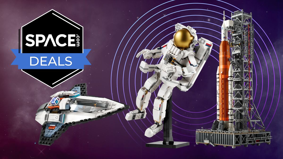 Three space-themed Lego sets on a purple background with a &#039;Space.com deals&#039; badge