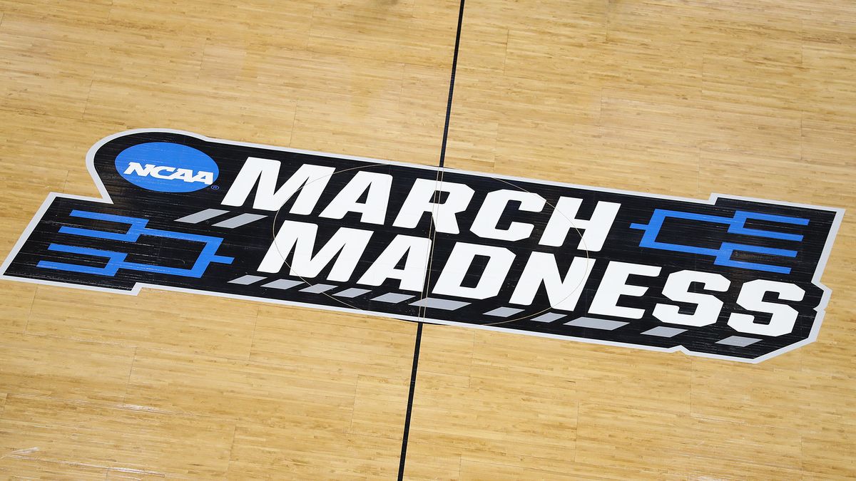 A general view of a &#039;NCAA March Madness&#039; logo on a court