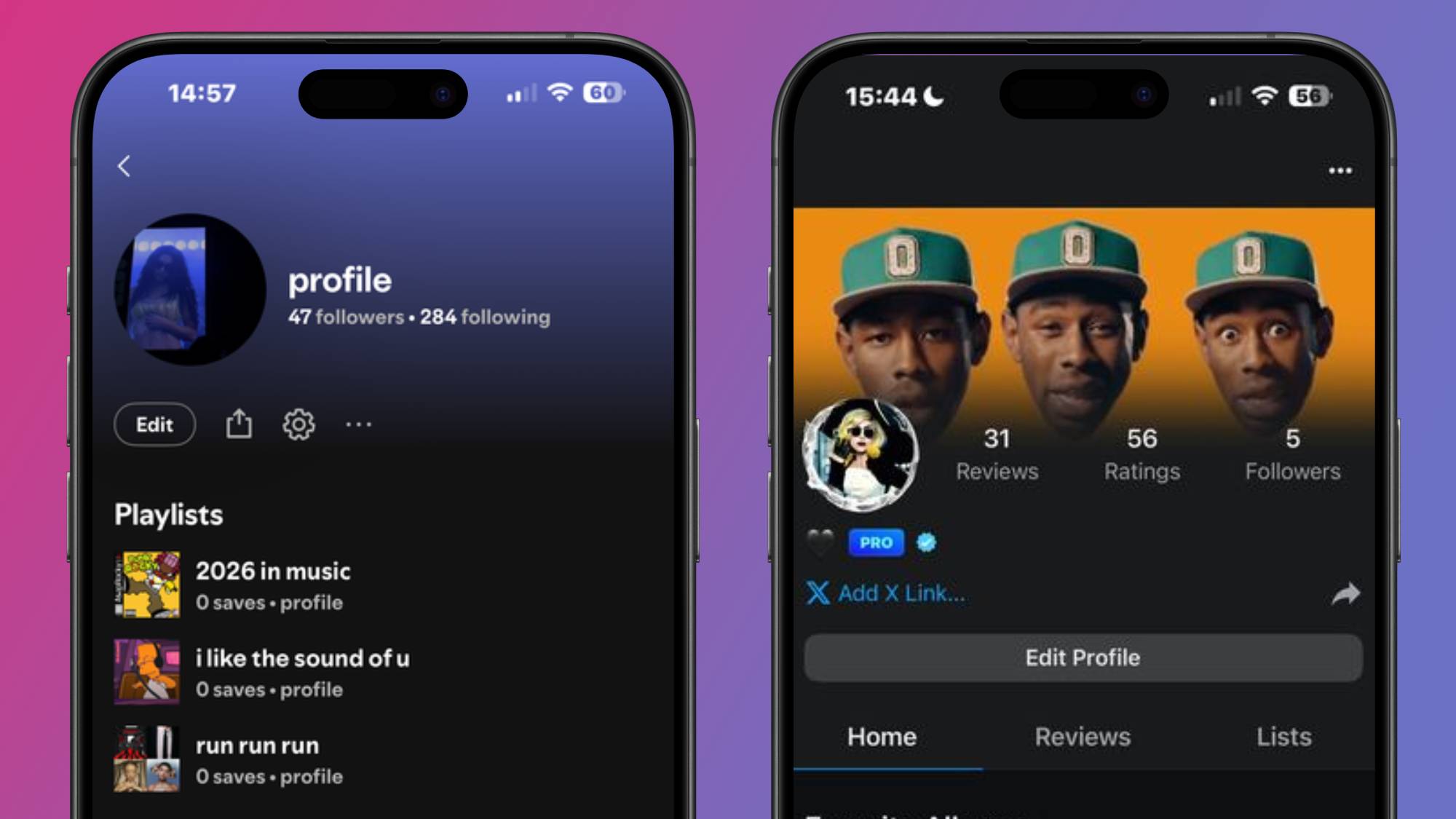 Two smartphones, one comparing a Spotify profile page to a Musicboard profile page