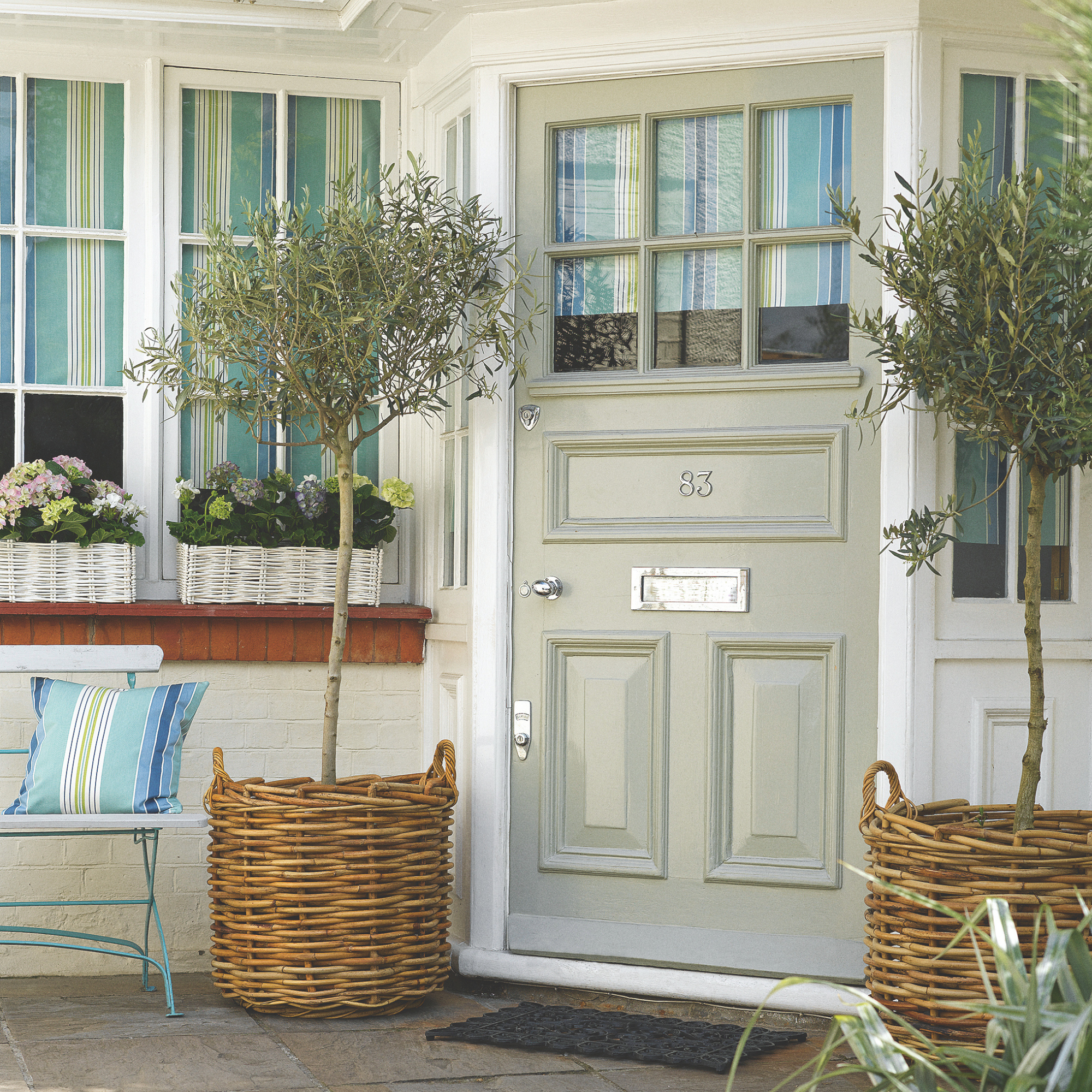 Two olive trees in wicker baskets outside a green front door.