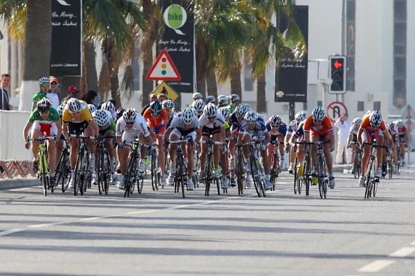 The sprint is on - Ellen van Dijk (HTC-HighRoad) took on the sprinters on the way to her victory in the 2011 Ladies Tour of Qatar took on the sprinters on the way to her victory in the 2011 Ladies Tour of Qatar