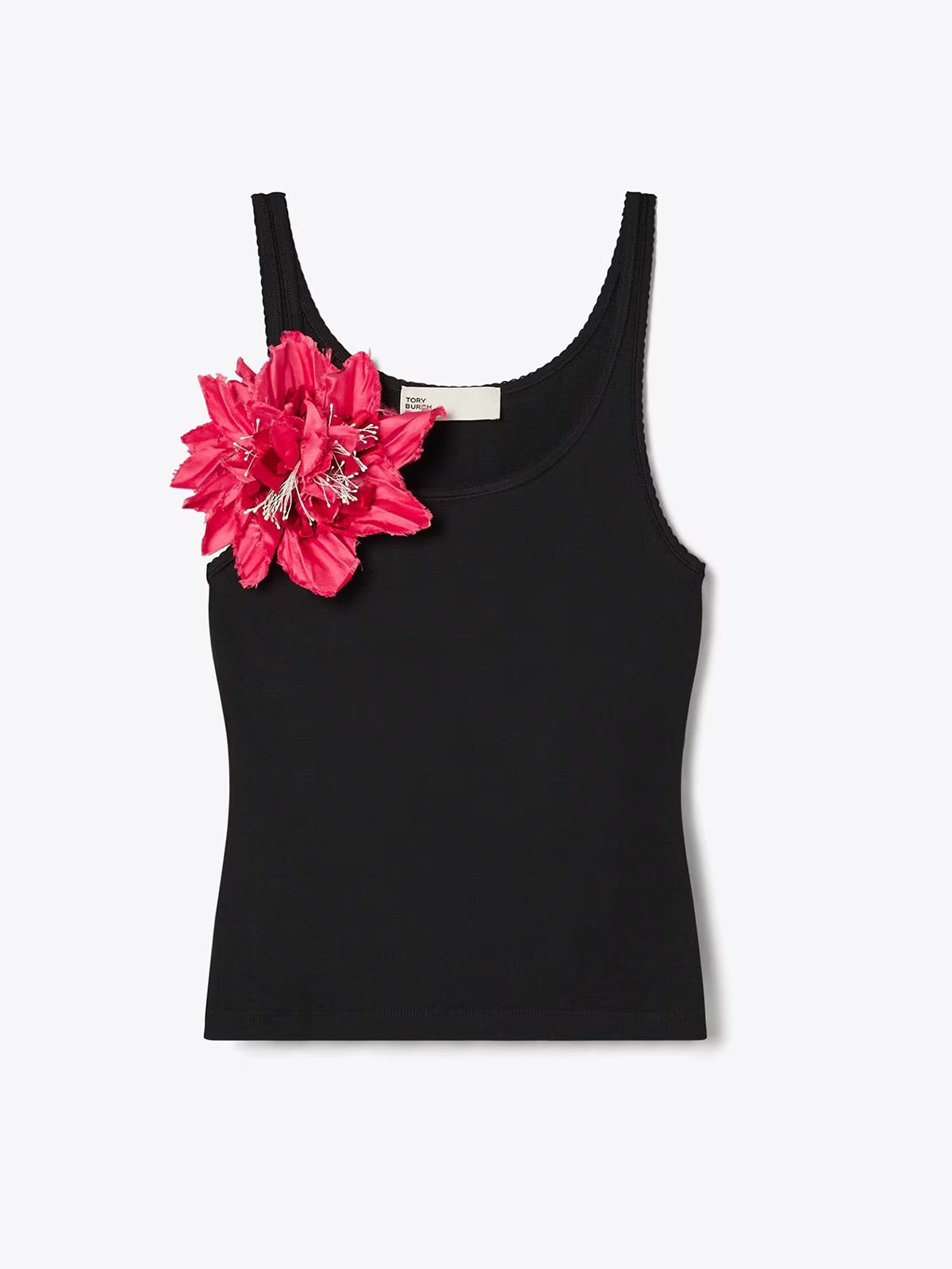 Ribbed Tank Top in Black with pink flower brooch