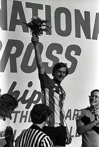 Jim Gentes, the first US junior national cyclocross champion, with Clark Natwick (2nd, L) and Rick Moale (3rd, R).