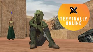 A nautolan sitting in Mos Eisley in Star Wars Galaxies.
