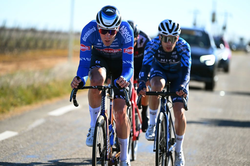 BELLEGARDESURVALSERINE FRANCE FEBRUARY 01 Ayco Bastiaens of Belgium and Team AlpecinDeceuninck competes in the breakaway during the 53rd Etoile de Besseges Tour Du Gard 2023 Stage 1 a 16218km stage from Bellegarde to Bellegarde EDB2021 on February 01 2023 in BellegardesurValserine France Photo by Luc ClaessenGetty Images