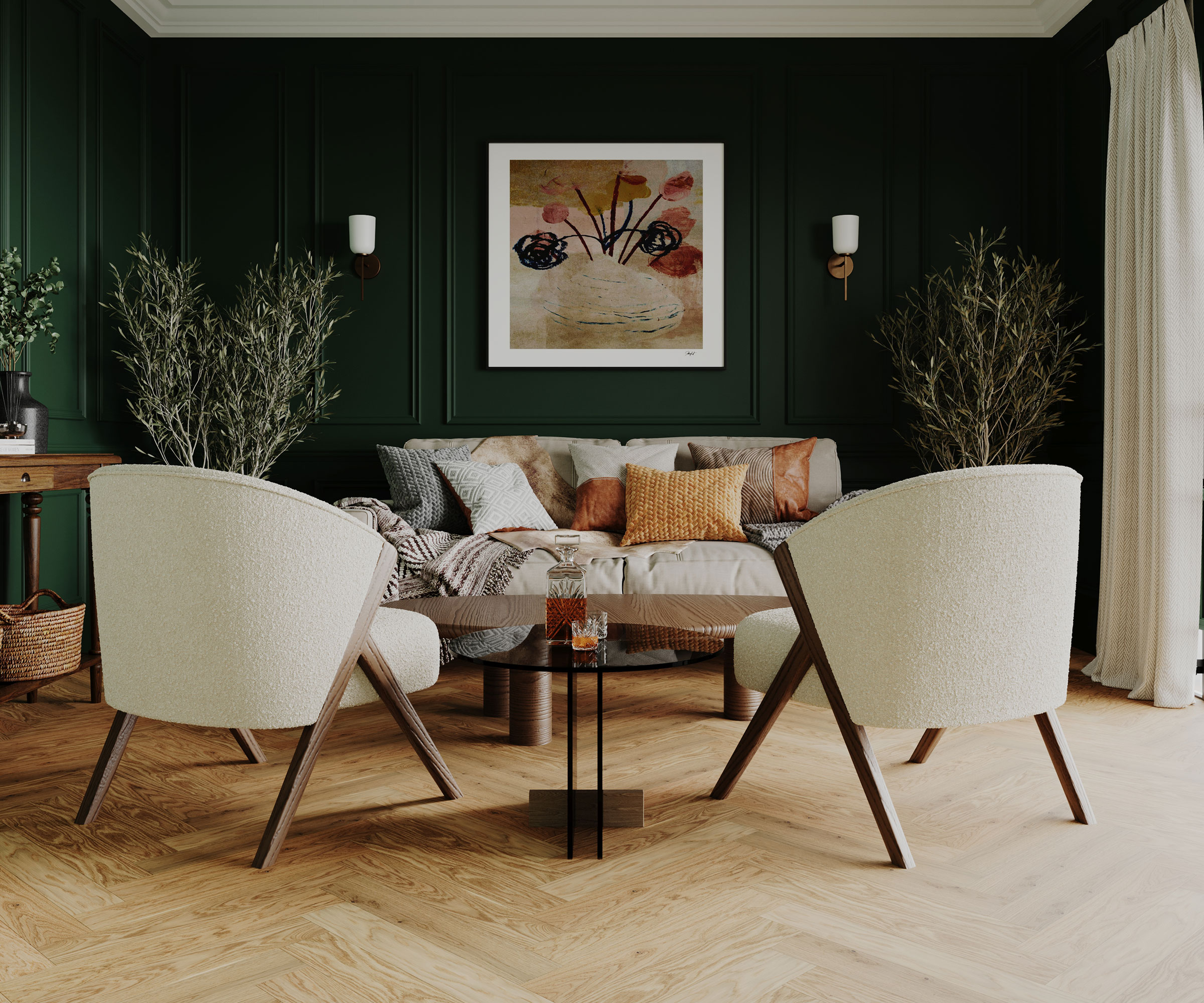 living room with herringbone flooring and dark green walls