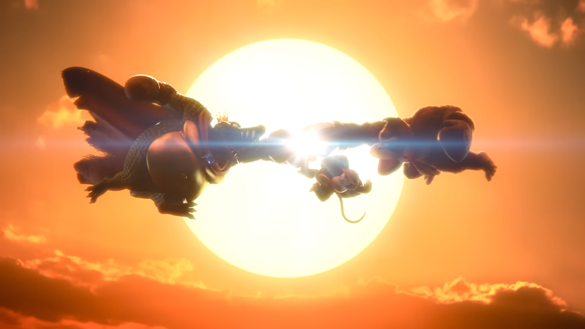 King K Rool, Donkey Kong, and Diddy Kong all flying together in front of the sun
