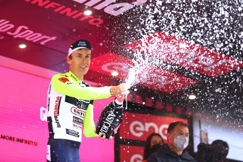APRICA ITALY MAY 24 Jan Hirt of Czech Republic and Team Intermarch Wanty Gobert Matriaux celebrates at podium as stage winner during the 105th Giro dItalia 2022 Stage 16 a 202km stage from Sal to Aprica 1173m Giro WorldTour on May 24 2022 in Aprica Italy Photo by Michael SteeleGetty Images