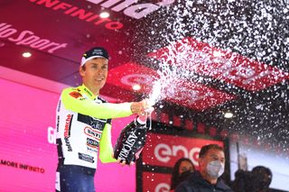 APRICA ITALY MAY 24 Jan Hirt of Czech Republic and Team Intermarch Wanty Gobert Matriaux celebrates at podium as stage winner during the 105th Giro dItalia 2022 Stage 16 a 202km stage from Sal to Aprica 1173m Giro WorldTour on May 24 2022 in Aprica Italy Photo by Michael SteeleGetty Images