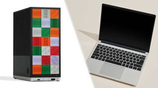 A split image showing the Framework Mini PC on the left and the 2025 Framework Laptop 13 on the right